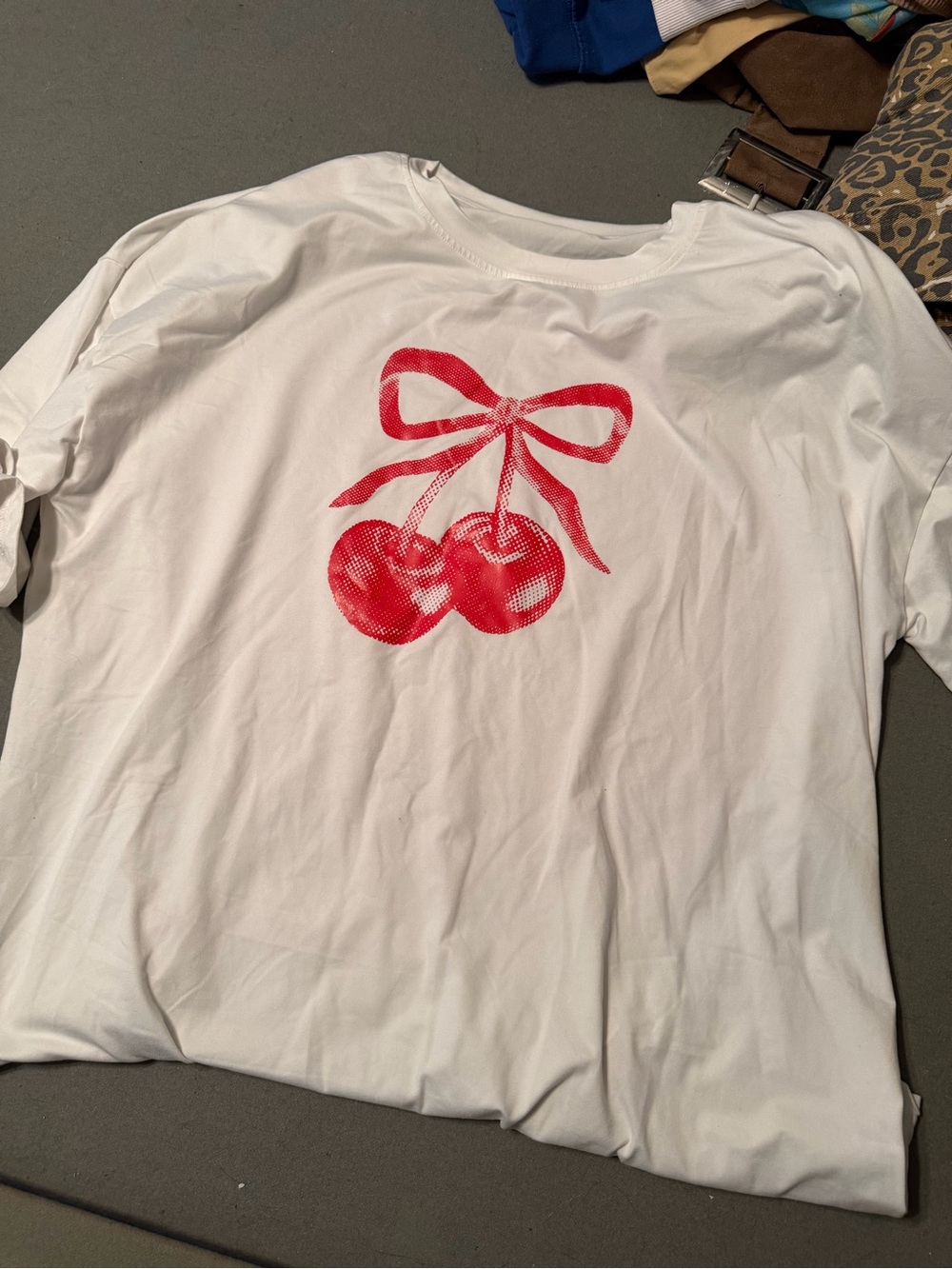 White Oversized  T-Shirt with Red Cherry Graphic